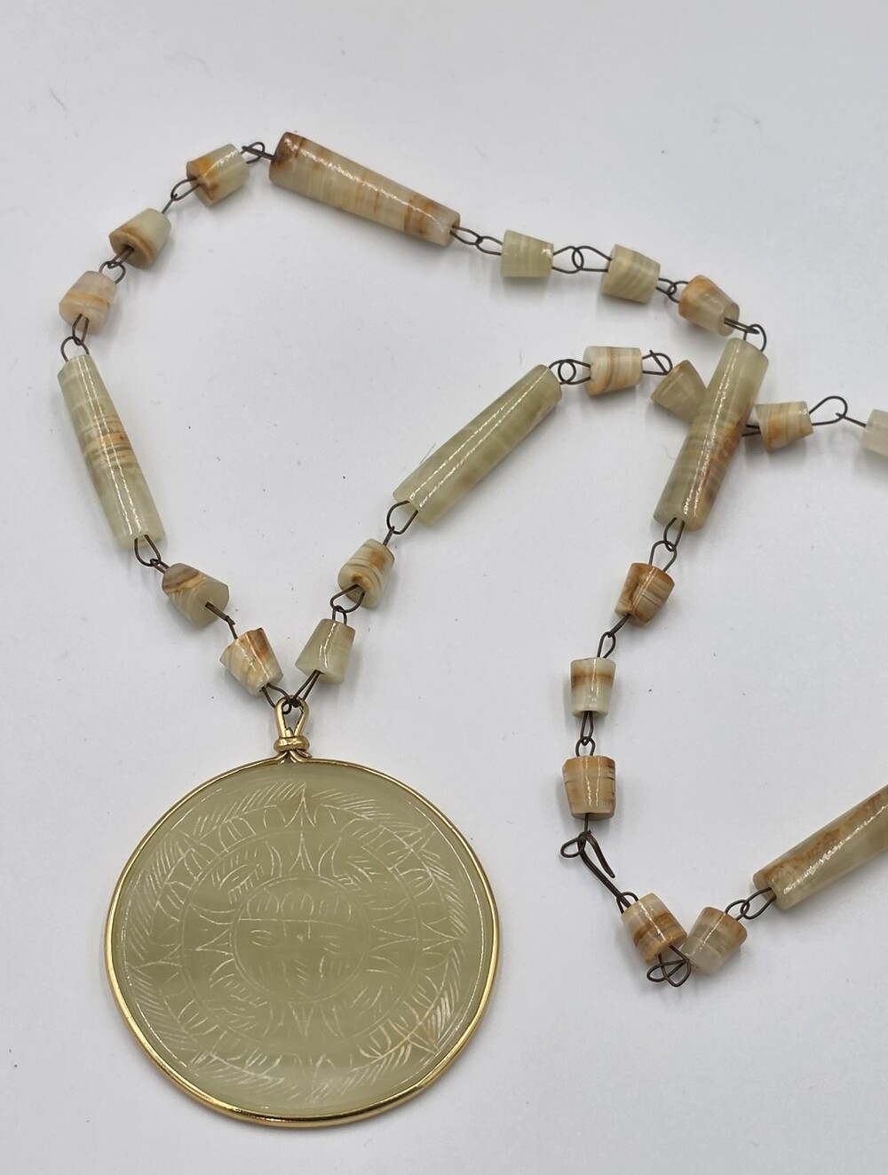 Handcrafted Pale Green Jade Sun Medallion Stone Beaded Vintage Necklace